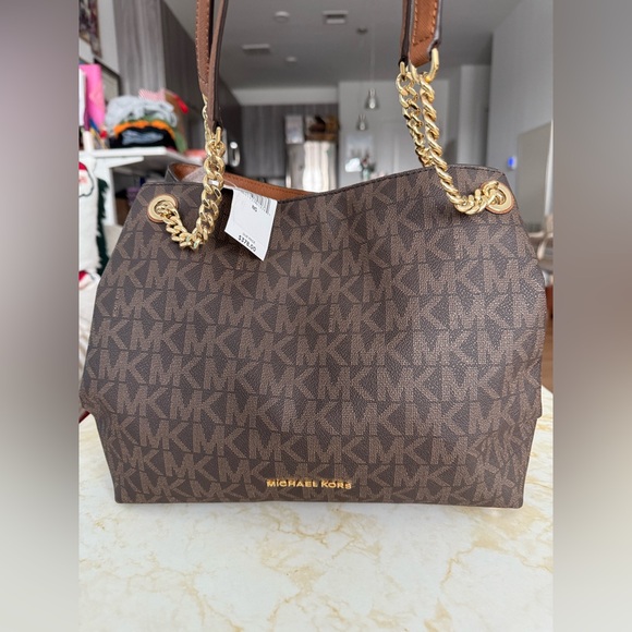 NWT Michael Kors Large Brown Tote Bag With Chain Detail - Picture 1 of 10
